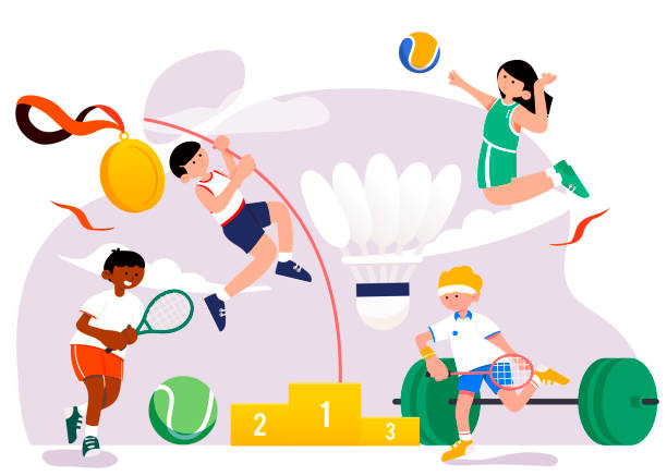 ilustrações de stock, clip art, desenhos animados e ícones de pole vaulting, volleyball, tennis, weightlifting are competitive competitions that are available in all sports. - tennis court men racket