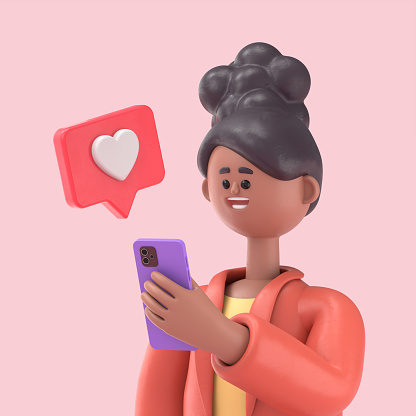 3D illustration of smiling african american woman Coco hold smartphone with like notifications flying around over yellow background. 3D rendering on pink background.