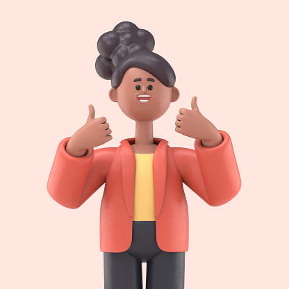 Ilustración en 3D de la sonriente mujer afroamericana Coco mostrando el pulgar hacia arriba, el gesto positivo de la mano, el buen trabajo, el respeto.3D la representación sobre fondo rosa. photo