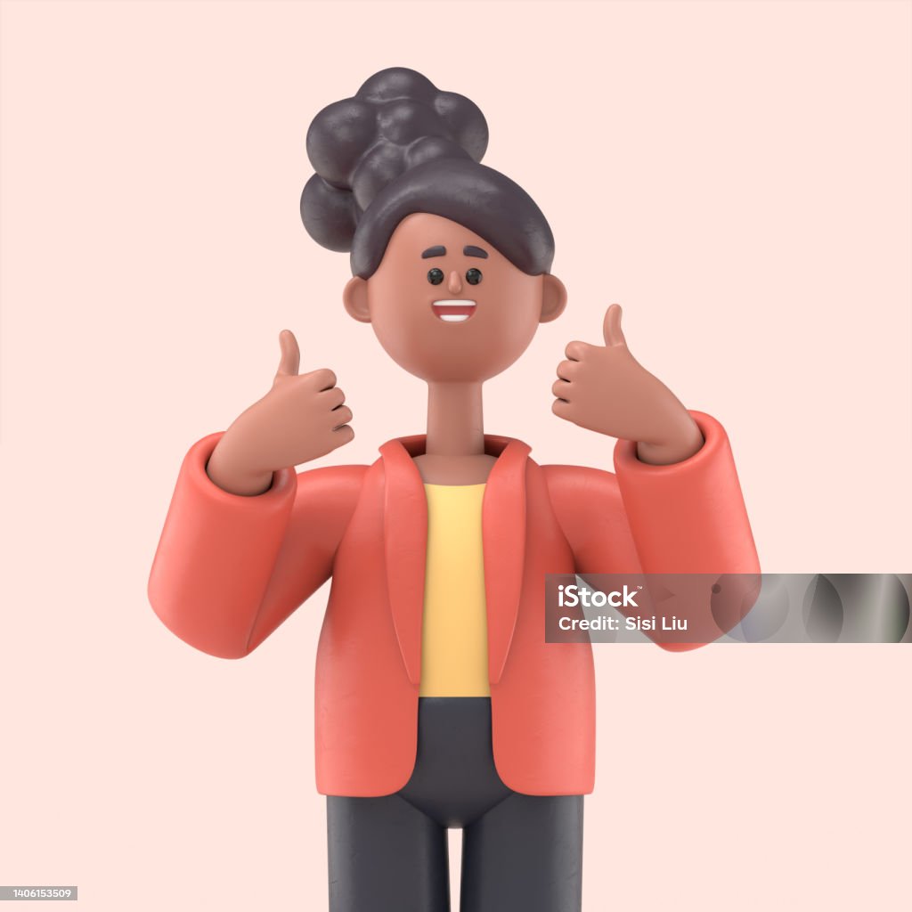 3D illustration of smiling african american woman Coco showing thumb up, positive hand gesture, good job, respect.3D rendering on pink background. Stereoscopic Image Stock Photo