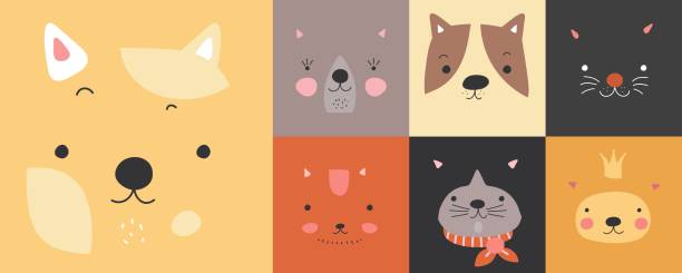Cute animals decorative prints. Cats or kittens faces for kids, scandinavian textile decor for pillows, carpets, clothes. Baby cards vector template Cute animals decorative prints. Cats or kittens faces for kids, scandinavian textile decor for pillows, carpets, clothes. Baby cards vector template of cat animal, kitty print drawing illustration cat muzzle meowing cartoon stock illustrations