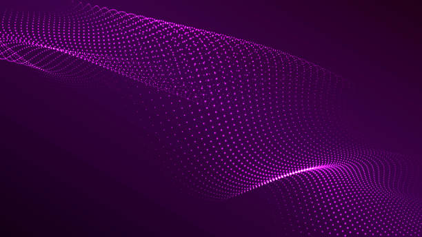 ilustrações de stock, clip art, desenhos animados e ícones de wave of flowing particles on a dark background. abstract backdrop with dynamic elements of waves and dots. vector - fundo roxo