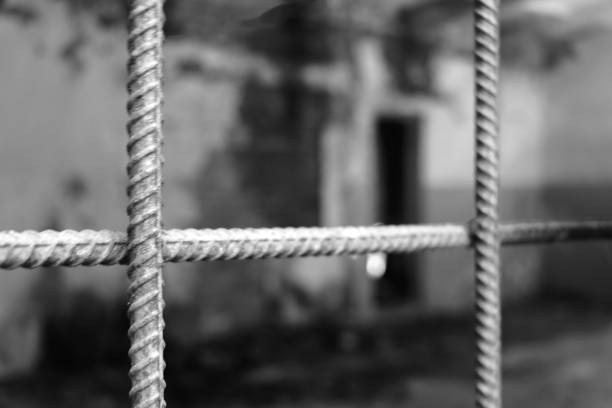 View of prison bars on foreground, background