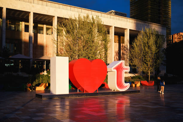 Installation art work in front of Opera in Tirana, designed in letters and signs saying \