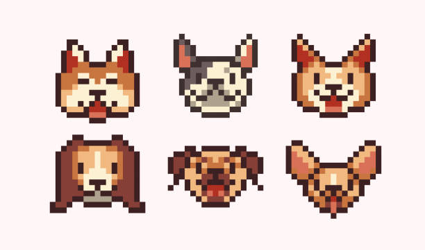 Happy dog faces pixel art set. Different doggy breeds collection.  Akita inu, french bulldog, corgi, beagle, pug, chihuahua. 8 bit sprite. Game development, mobile app.  Isolated vector illustration. japanese akita stock illustrations