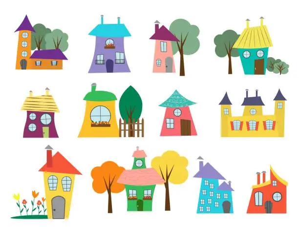 Vector illustration of Collection of cartoon city houses with trees and garden. Vector illustration.