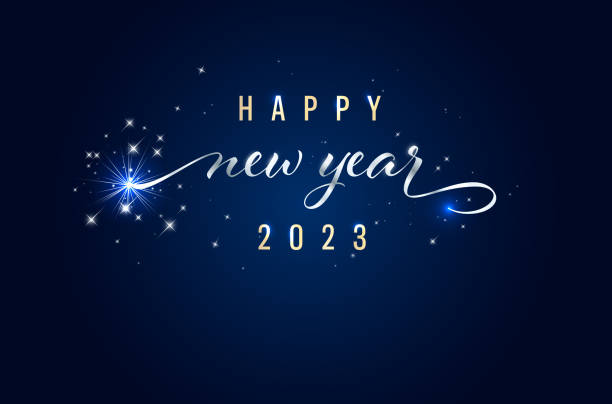 Greeting card for New Year 2023 Greeting card for New Year 2023. Happy New Year graphics with shiny stars on blue background. Vector illustration with copy space for your text. new year stock illustrations