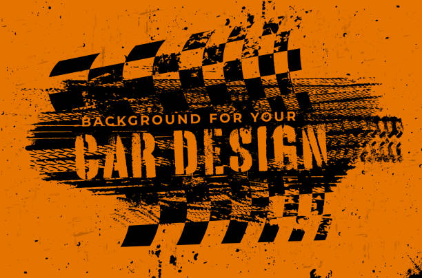 grungy tło z abstrakcyjnymi torami opon i flagą szachową - motor racing track stock illustrations