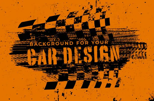 Vector illustration of Grungy background with abstract tire tracks and chess flag