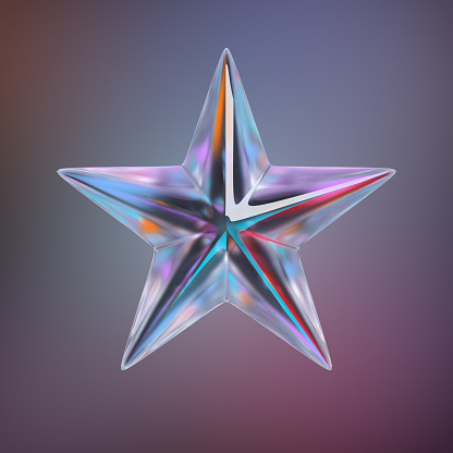 Glass star on a multicolored background. 3d image.