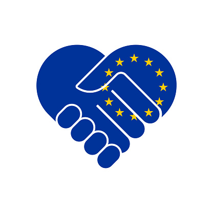 EU unity sign. Handshake heart with Euro Union flag. Flat vector illustration isolated on white background.