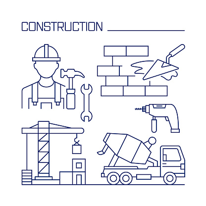Construction and Buildings Related Design Element. Pattern Design with Outline Icons.