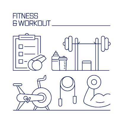 Fitness and Sports Related Design Element. Pattern Design with Outline Icons.