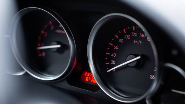 Modern car dashboard with RPM and Miles Per Hour Speedometer Close Up. stock photo