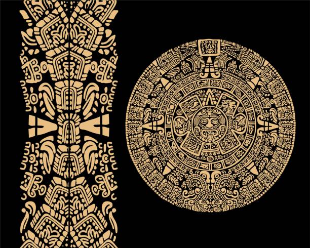 Ancient Mayan calendar. Vector illustration on black background Images of characters of ancient American Indians.The Aztecs, Mayans, Incas. uxmal stock illustrations