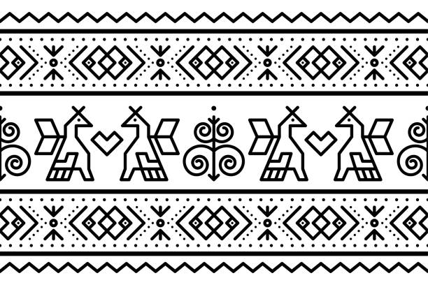 슬로바키아 부족 민속 예술 벡터 매끄러운 기하학적 패턴과 소용돌이 - 슬로바키아 질리나 지역의 cicmany 마을의 전통 도장 예술에서 영감을 얻은 긴 수평 deisgn - slovakia stock illustrations