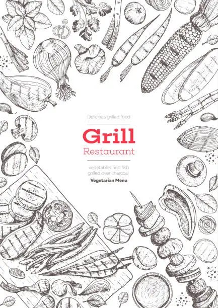 Vector illustration of Grill menu design template. Grilled vegetables top view frame, vegetarian cuisine. Vector illustration. Engraved design. Hand drawn illustration. Food on the grill.