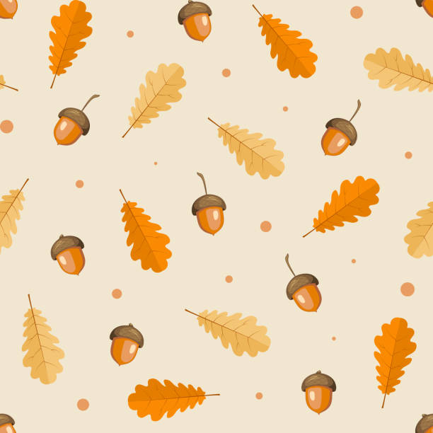 ドングリとオークの葉で秋の色とりどりのシームレスパターン - ドングリ点のイラスト素材／クリップアート素材／マンガ素材／アイコン素材