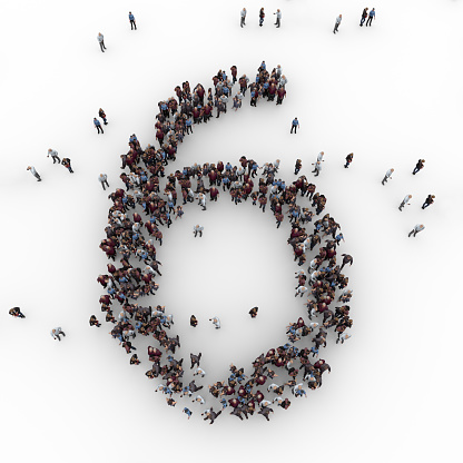 Large group of people seen from above gathered together in the shape of number six. 6. 3d illustration