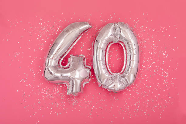 Silver balloon in shape of number fourty 40 pink background stock photo