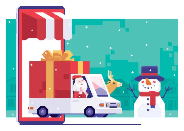 Vector illustration of Santa Claus driving van and carrying big gift on smartphone