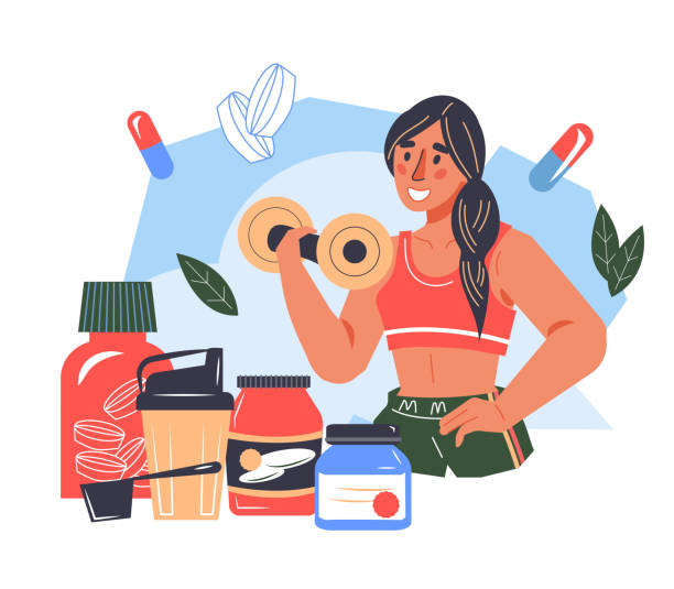 ilustraciones, imágenes clip art, dibujos animados e iconos de stock de nutrición deportiva y alimentación saludable. mujer haciendo ejercicio con mancuernas. - eating body building muscular build vegetable