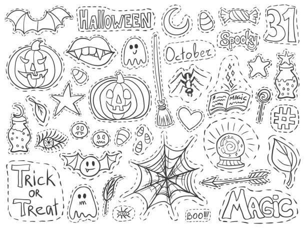 ilustraciones, imágenes clip art, dibujos animados e iconos de stock de insignias de parche halloween set garabatos navideños blanco negro - spider web halloween corn pumpkin