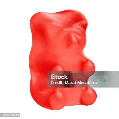 istock Single red jelly gummy bear on white 1406174429