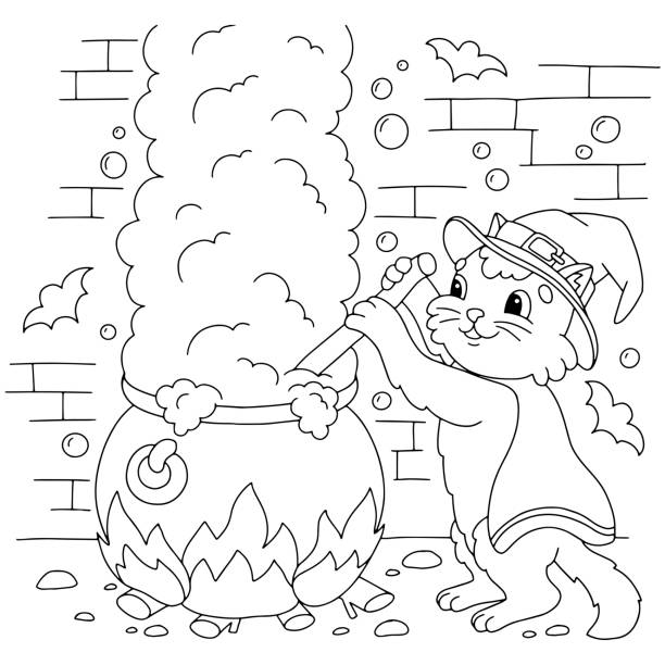 кот варит зелье в подземелье в большом котле. раскраска для детей. персонаж в мультяшном стиле. векторная иллюстрация, изолированная на бел� - basement witch dungeon cauldron stock illustrations