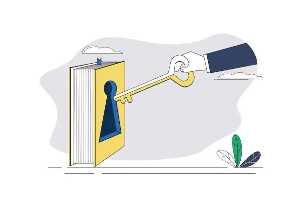 Vector illustration of Open the book with the key.
