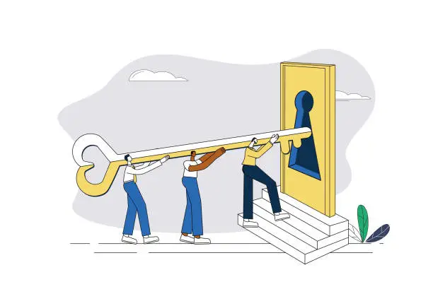 Vector illustration of The white-collar workers carried the keys up the steps to open the door.