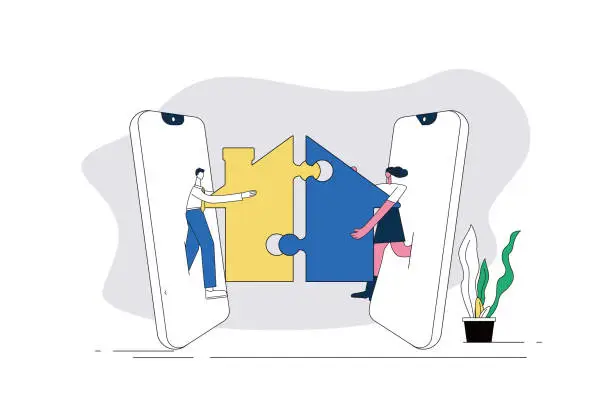 Vector illustration of Two people puzzle houses on mobile phones.