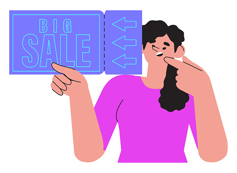 Special offer or big seasonal sale, discounts vector character illustration concept for banner, flyer, web or landing page. Woman hold discount coupon or gift voucher and pint her finger on it.