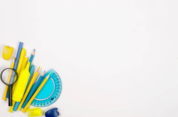 istock Blue and yellow school stationery  on white background. 1406177165
