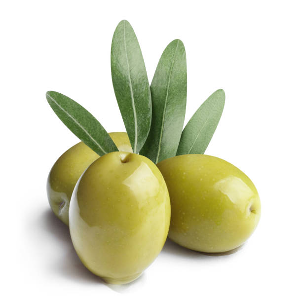 istock Three delicious green olives on white 1406177599