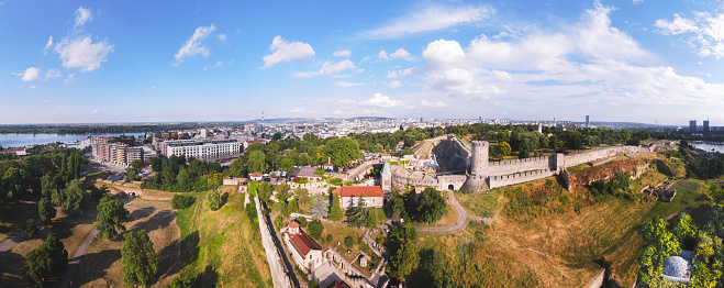 Aerial panorama  of Kalemegdan park in summer, Belgrade, Serbia. A view towards Ruzica church and St Petka chapel and the old city of Belgrade , capital of Serbia