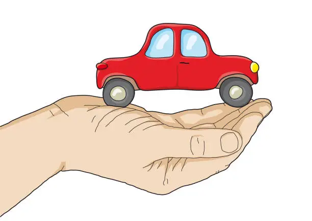 Vector illustration of Car on the palm of the hand, conceptual vector illustration.