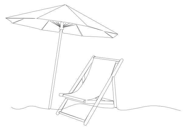 illustrazioni stock, clip art, cartoni animati e icone di tendenza di sinlge line drawing di ombrellone e sedia a sdraio - parasol vector umbrella beach