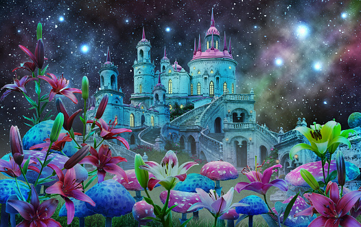 fantastic wonderland landscape with mushrooms, lilies flowers, beautiful old castle and stars.\nillustration