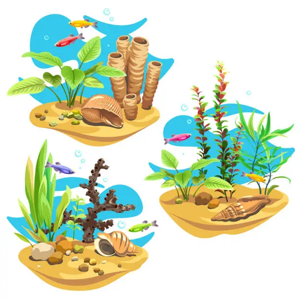 Vector illustration of Vector ocean world. Exotic seascapes with seaweeds, fish and corals. Colorful background. Aquatic ecosystem.