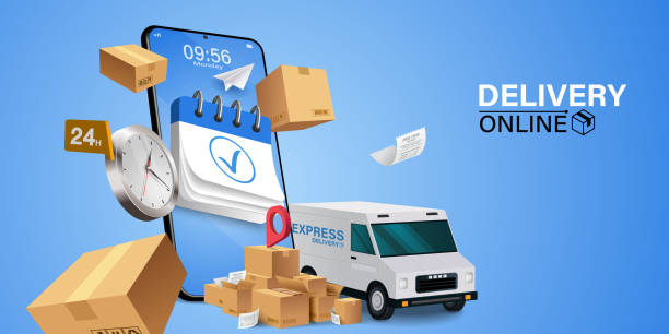 istock Parcel tracking app. delivery truck with cargo box is on a mobile phone. Online Parcel Inspection Concept.Online delivery transport logistics service. Warehouse factory express delivery box. 1406183115