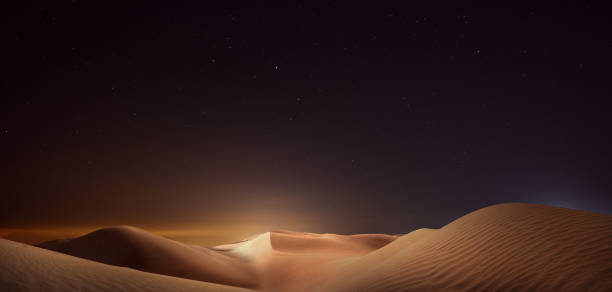 istock Scenic view of sandy desert under starry sky in night. Banner design 1406183444