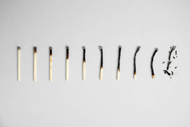 Different stages of burnt matches on light background, flat lay stock photo