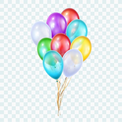 Group of Colour Glossy Helium Balloons. Holiday Background with Balloons, Streamer and Confetti on transparent background, isolated vector illustration