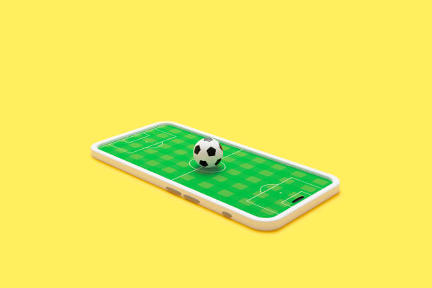 istock Football field on the smartphone screen and ball. 3d render 1406183733