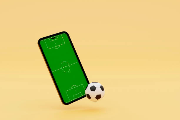 istock Football field on the smartphone screen and ball. 3d render 1406183734