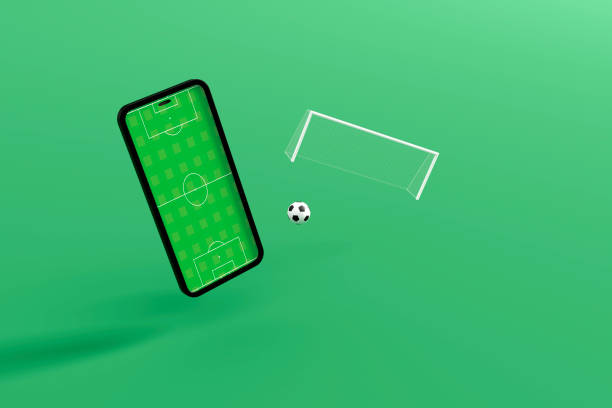 istock Football field on the smartphone screen and ball. 3d render 1406183772