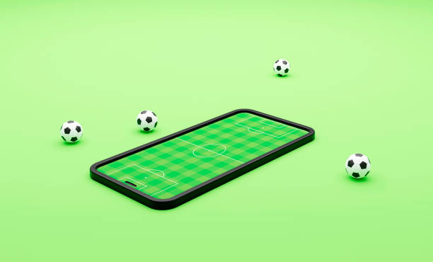 istock Football field on the smartphone screen and ball. 3d render 1406183787