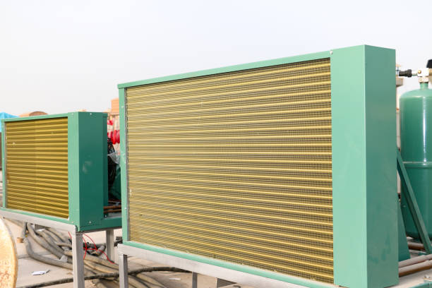 Ventilation system in automatic grain dryer machine isolated on white copy space background. Concept of technology in agricultural