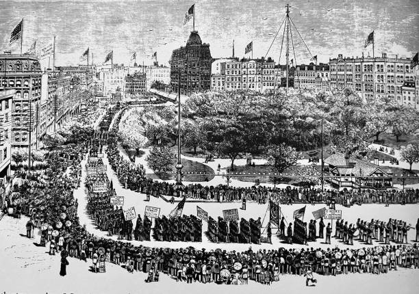 ilustrações de stock, clip art, desenhos animados e ícones de new york labor day 1882 - march past
